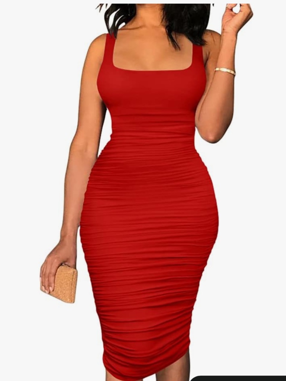 Bodycon Ruched Midi Dress with Square Neck in Red